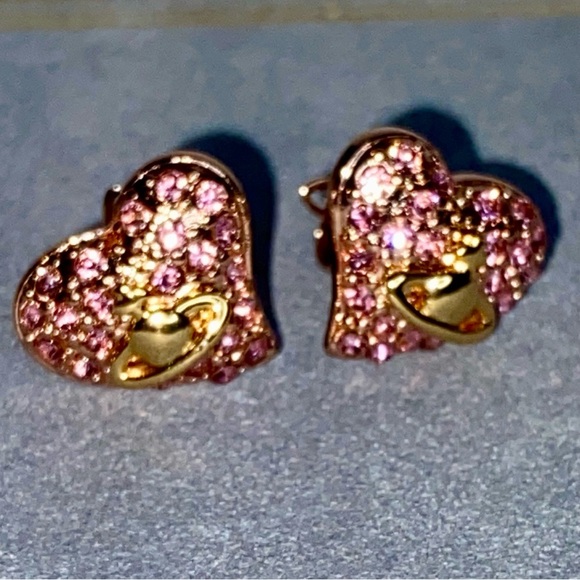Vivienne Westwood Timy Diamante Heart Earrings Pink and Gold - Picture 3 of 16